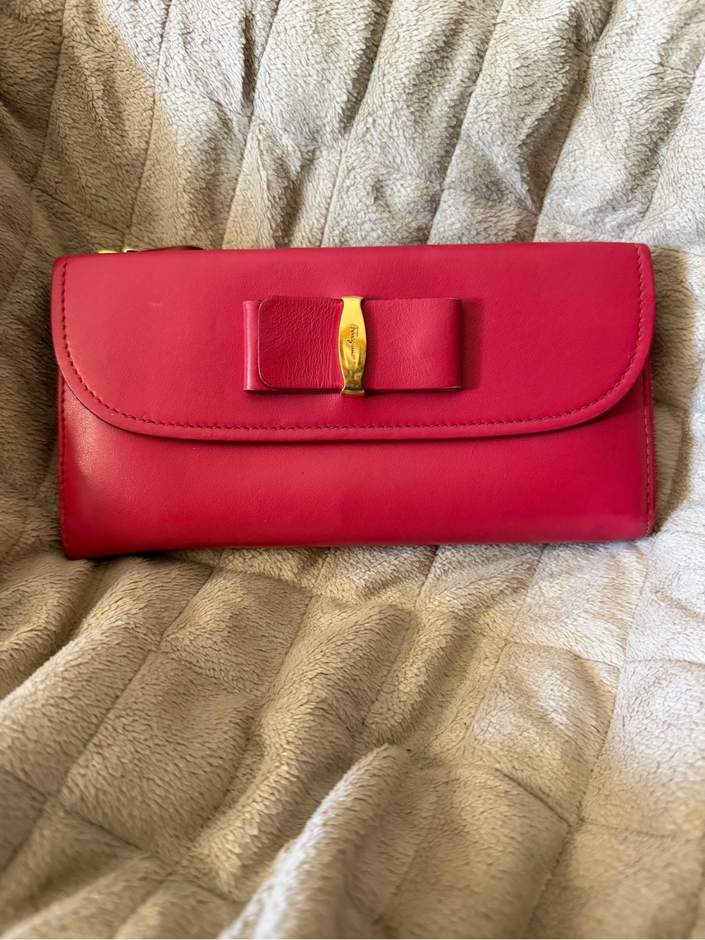 SALVATORE FERRAGAMO Red Bow-Accent Soft Leather Long Wallet / Clutch